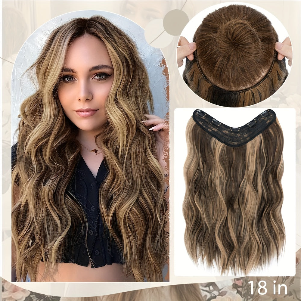 18in One Piece V-Shaped Long Wavy Clip In Hair Extensions Brown Blonde Highlight With 5 Clips For Women Daily Use