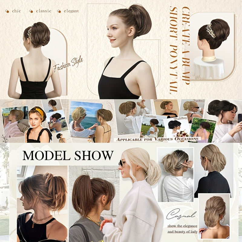Short Ponytail Extension Clip On Pony Tails Hair Extensions For Women Girls Synthetic Highlight Soft Fully Natural Straight Bun Hair Piece Fake Ponytails Hepburn Hairpiece Long Fluffy Chignon Elegant Daily Halloween Use