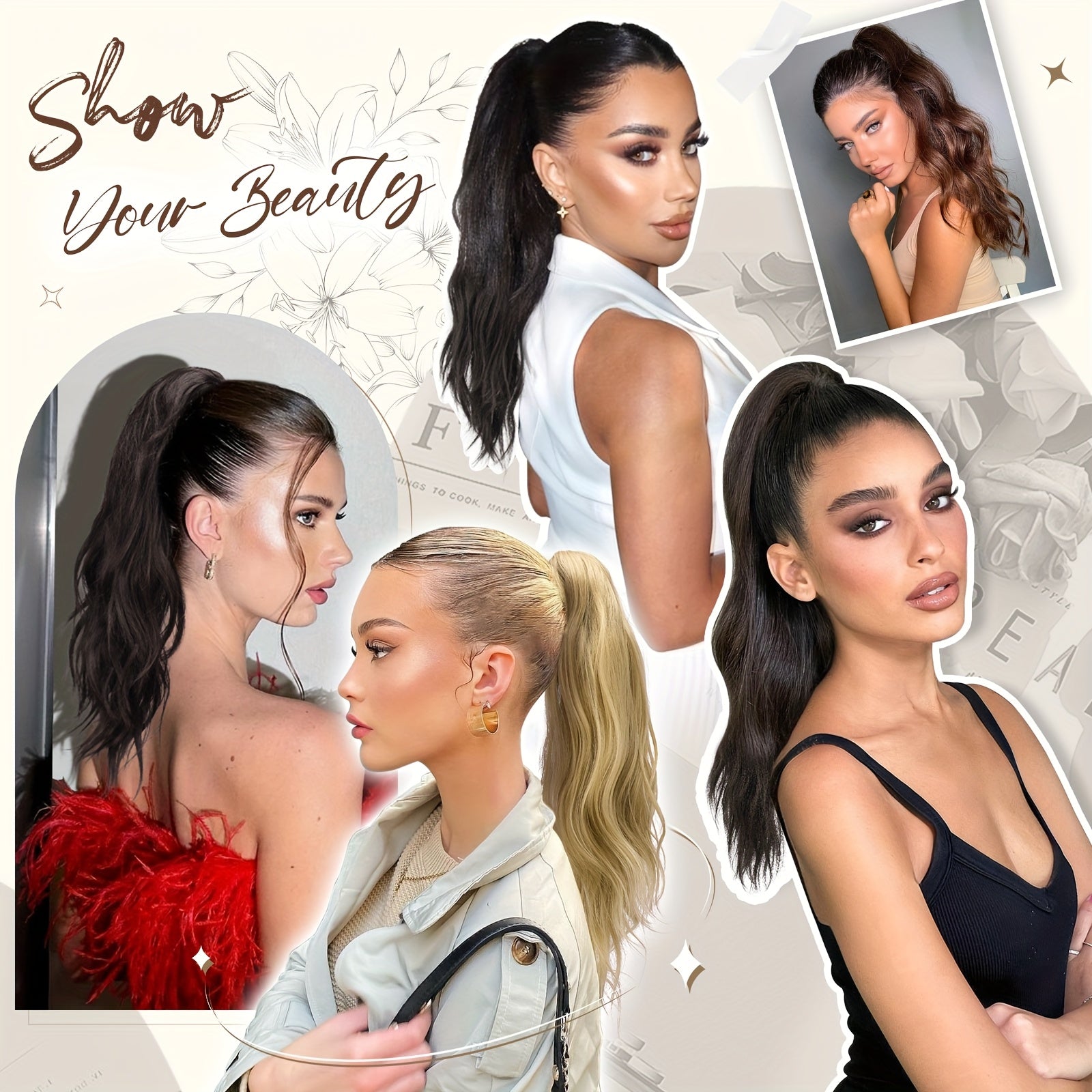 FESHFEN Ponytail Extensions, Long Claw Clip In Ponytail Hairpiece Synthetic Pony Tails Hair Piece Ponytail With Claw Clip Natural Wavy Hairpieces For Women, 50.8 cm