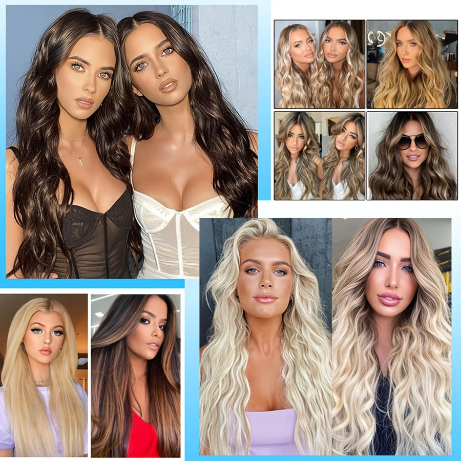 4pieces/Set Long Wavy Full Head Clip In Hair Extensions 22inch/55cm Soft Hairpieces Curly Thick Silk Fiber Double Weft Hairpiece Top Synthetic Hair Highlight Black Brown Blonde For Women Party Cosplay Christmas Halloween Dating Daily Use