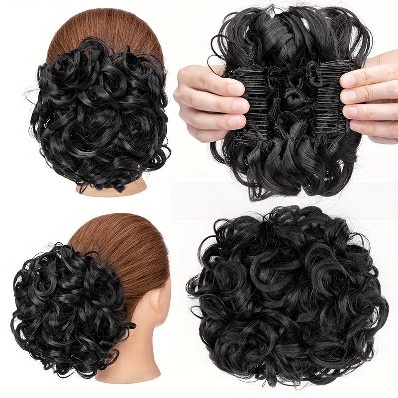 Clip-In Short Combs Messy Curly Bun Hair Extensions with Heat Styling - Easy Stretch Scrunchie Chignon Tray for Women, Multi-Color (Light Brown/Dark Blonde/Black) for Daily, Wedding & Festival Use, Wedding Hair Accessory, Easyattach Hairpiece