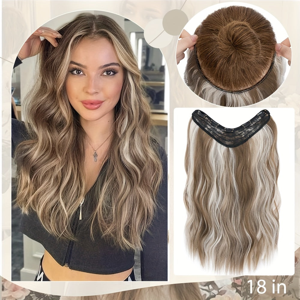 18in One Piece V-Shaped Long Wavy Clip In Hair Extensions Brown Blonde Highlight With 5 Clips For Women Daily Use