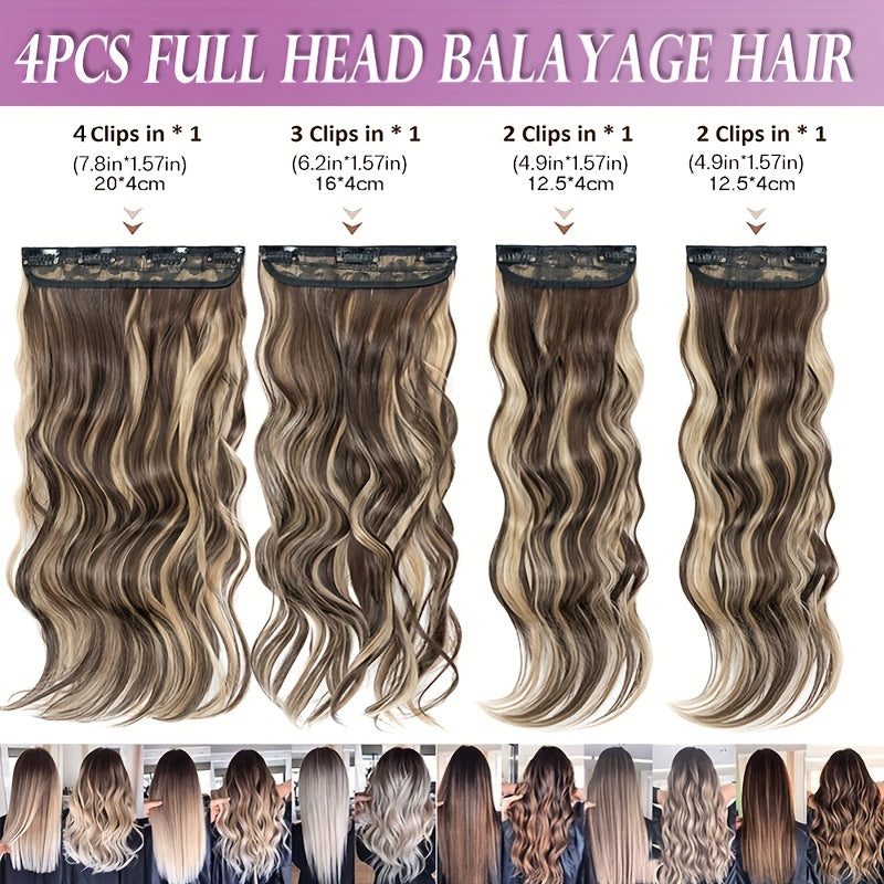 4pieces/Set Long Wavy Full Head Clip In Hair Extensions 22inch/55cm Soft Hairpieces Curly Thick Silk Fiber Double Weft Hairpiece Top Synthetic Hair Highlight Black Brown Blonde For Women Party Cosplay Christmas Halloween Dating Daily Use