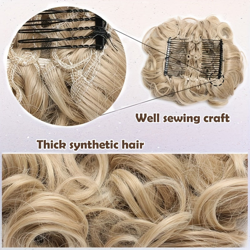 Clip-In Short Combs Messy Curly Bun Hair Extensions with Heat Styling - Easy Stretch Scrunchie Chignon Tray for Women, Multi-Color (Light Brown/Dark Blonde/Black) for Daily, Wedding & Festival Use, Wedding Hair Accessory, Easyattach Hairpiece