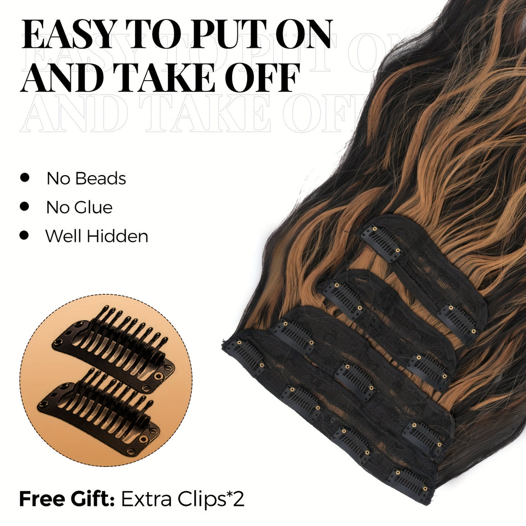 4pcs NEVERLAND Clip-In Hair Extensions 50.8 cm Long Wavy Dark Brown with Golden Highlights - Thick Heat-Resistant Synthetic Hairpieces with 2 BB Clips & Storage Bag for Women, All Ethnicities