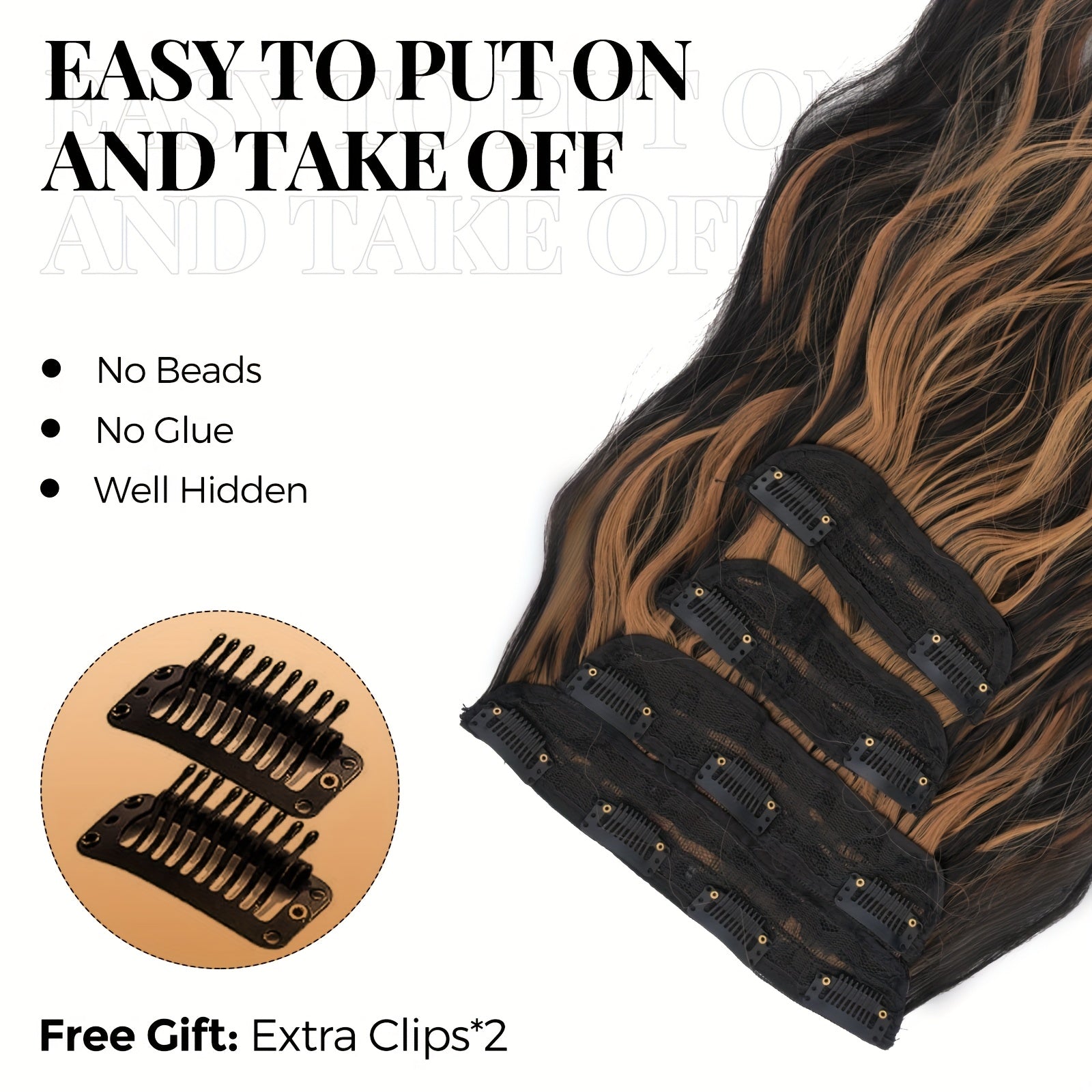 4pcs NEVERLAND Clip-In Hair Extensions 50.8 cm Long Wavy Dark Brown with Golden Highlights - Thick Heat-Resistant Synthetic Hairpieces with 2 BB Clips & Storage Bag for Women, All Ethnicities