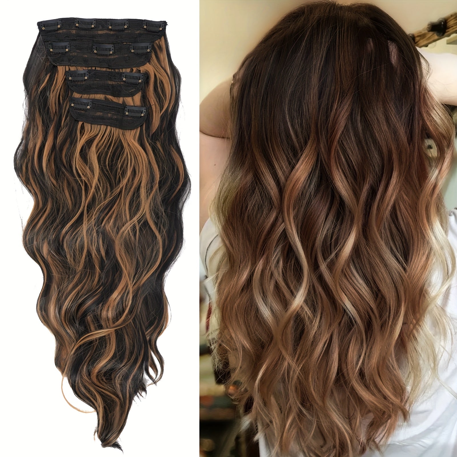 4pcs NEVERLAND Clip-In Hair Extensions 50.8 cm Long Wavy Dark Brown with Golden Highlights - Thick Heat-Resistant Synthetic Hairpieces with 2 BB Clips & Storage Bag for Women, All Ethnicities