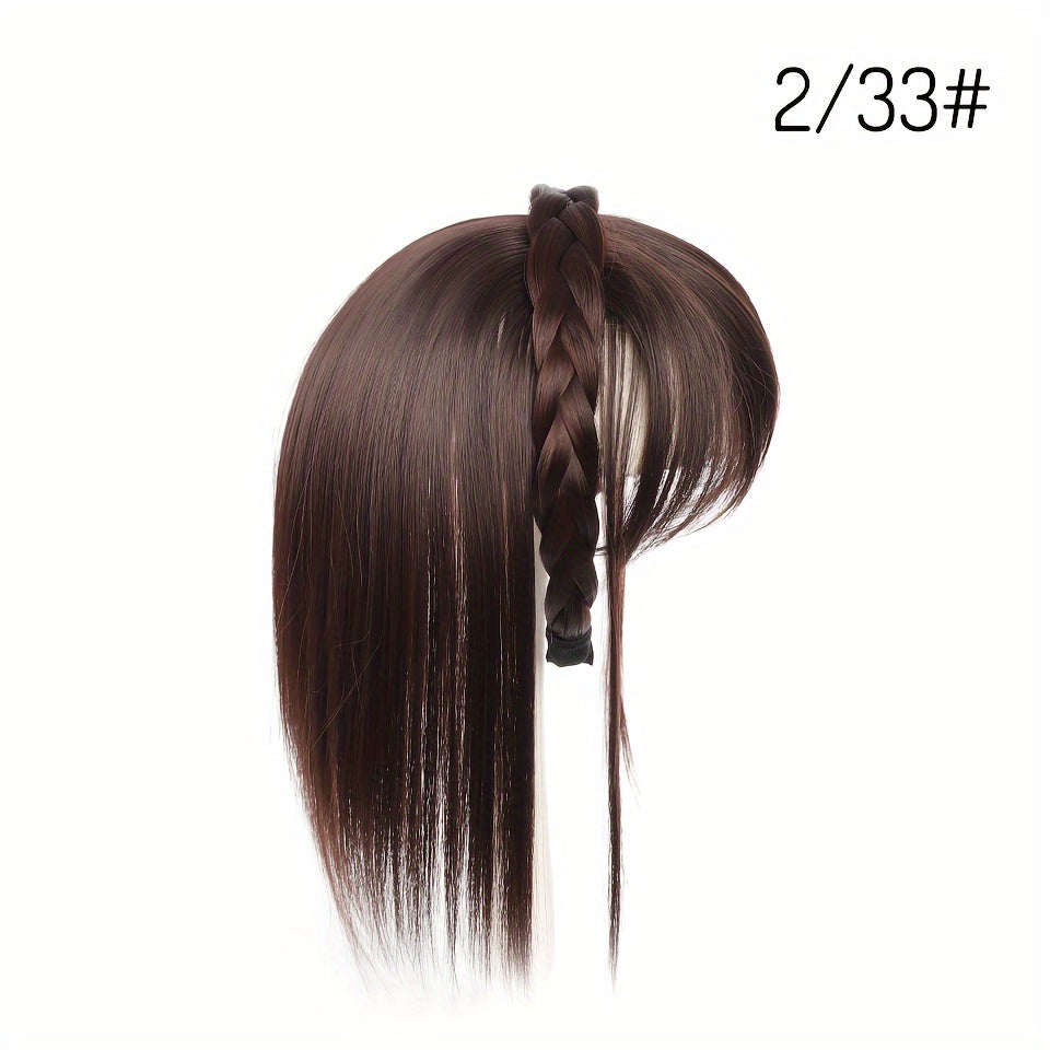 Women's Synthetic Straight Hair Topper with Clip-In Bangs and Overhead Braids - Natural Looking Fake Fringe Hair Extension Hairpiece for All Women Styles