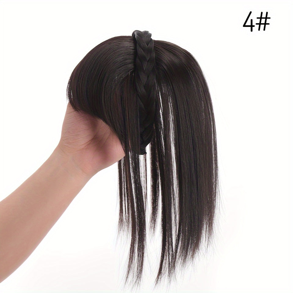 Women's Synthetic Straight Hair Topper with Clip-In Bangs and Overhead Braids - Natural Looking Fake Fringe Hair Extension Hairpiece for All Women Styles