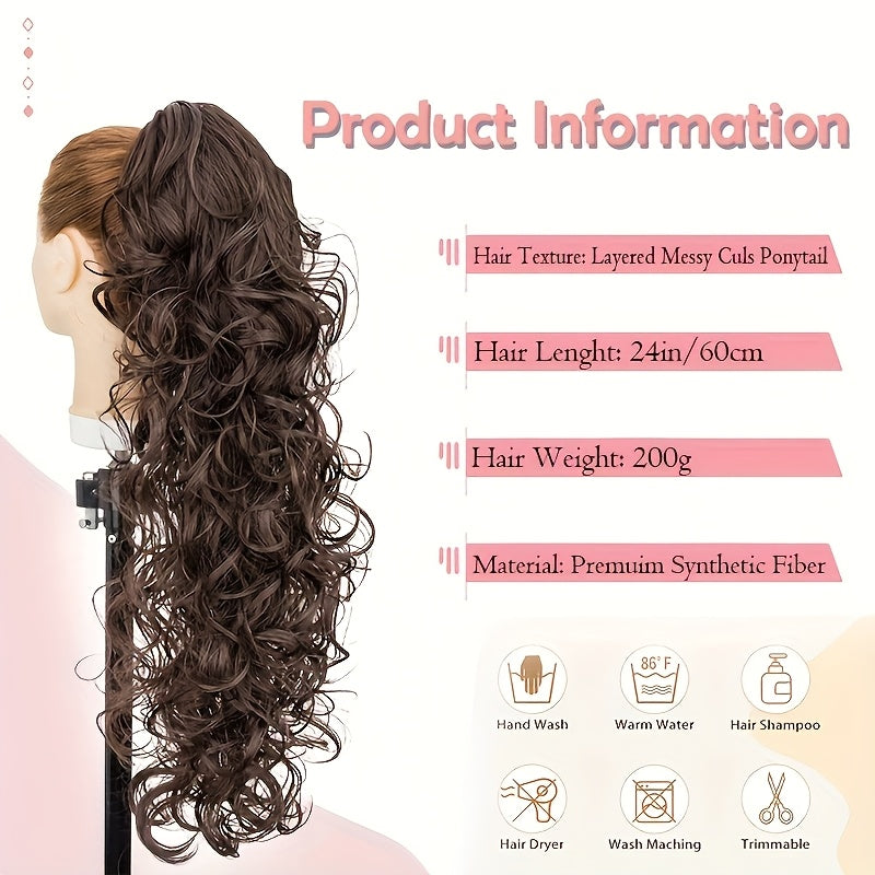 1pc Elegant 60.96cm Long Curly Wave Ponytail Extensions with Claw Clip - Synthetic Smooth Natural Look for Women, Easy to Wear for Daily Use, Parties, Weddings, Birthdays & Holidays, Ponytail Hair Extensions, Wedding Hairpiece, Naturallooking Hairpiece