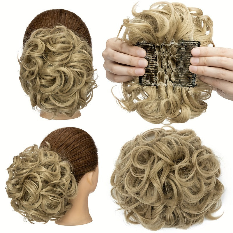 Clip-In Short Combs Messy Curly Bun Hair Extensions with Heat Styling - Easy Stretch Scrunchie Chignon Tray for Women, Multi-Color (Light Brown/Dark Blonde/Black) for Daily, Wedding & Festival Use, Wedding Hair Accessory, Easyattach Hairpiece