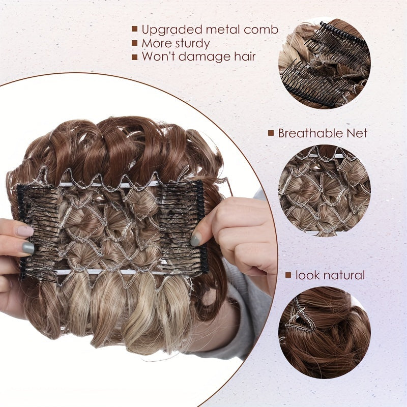 Clip-In Short Combs Messy Curly Bun Hair Extensions with Heat Styling - Easy Stretch Scrunchie Chignon Tray for Women, Multi-Color (Light Brown/Dark Blonde/Black) for Daily, Wedding & Festival Use, Wedding Hair Accessory, Easyattach Hairpiece