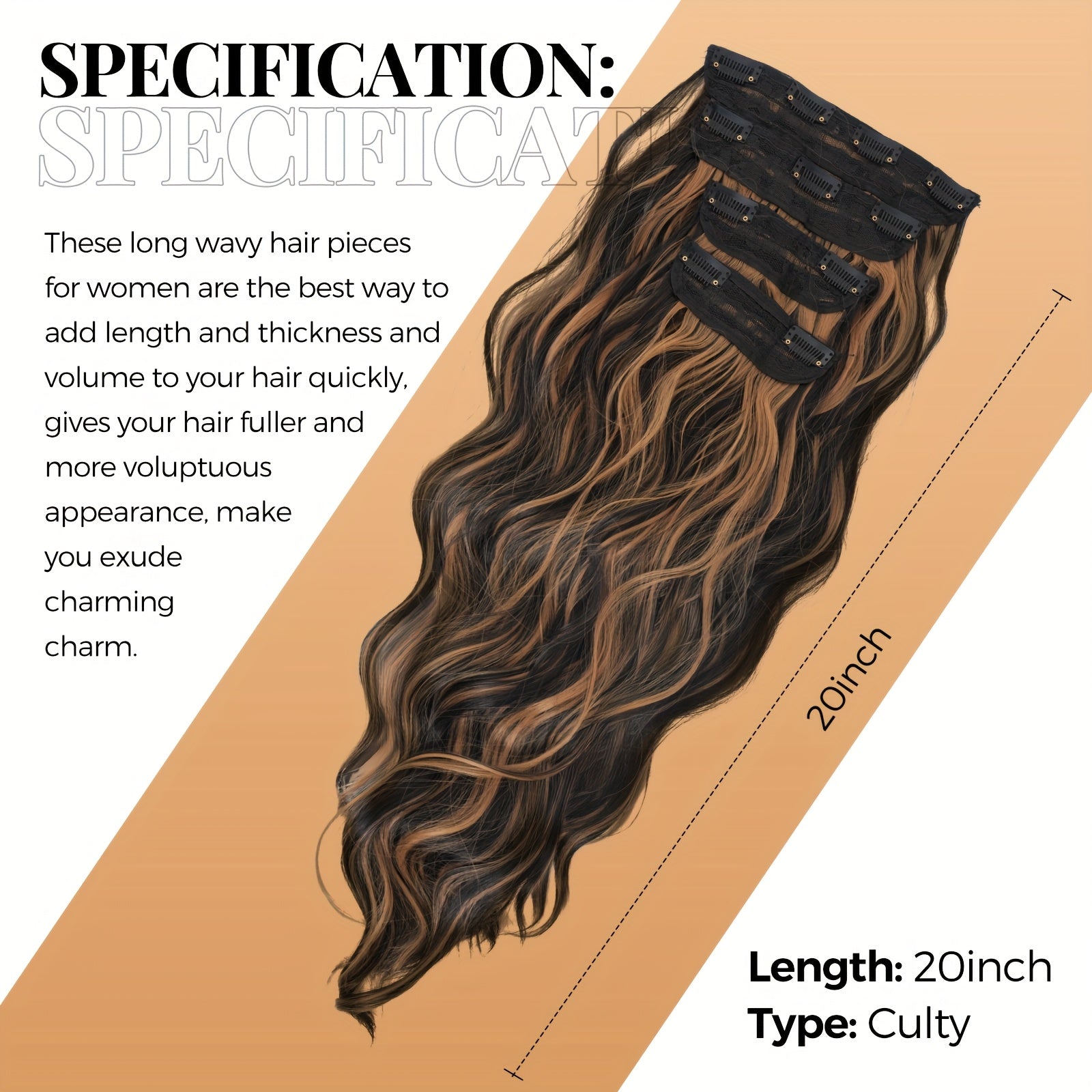 4pcs NEVERLAND Clip-In Hair Extensions 50.8 cm Long Wavy Dark Brown with Golden Highlights - Thick Heat-Resistant Synthetic Hairpieces with 2 BB Clips & Storage Bag for Women, All Ethnicities