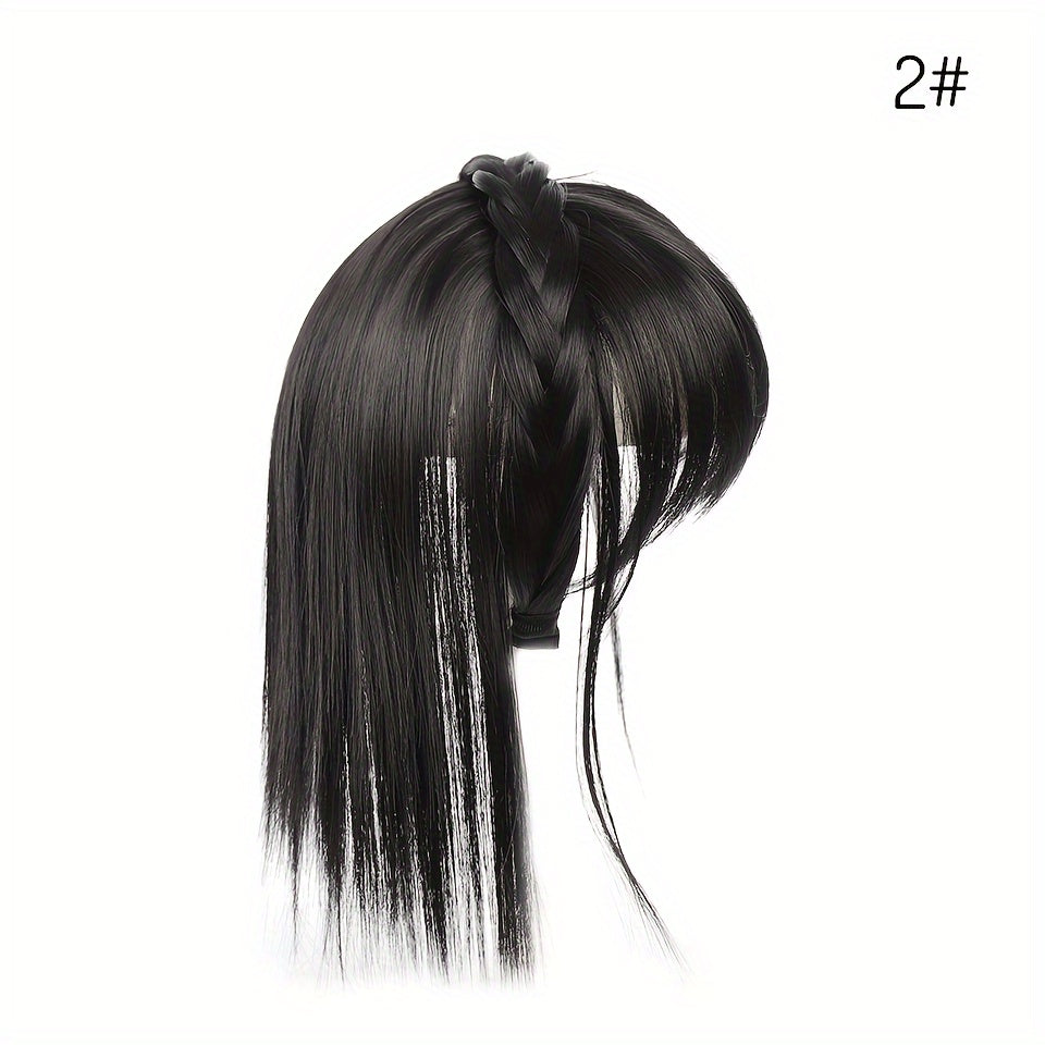 Women's Synthetic Straight Hair Topper with Clip-In Bangs and Overhead Braids - Natural Looking Fake Fringe Hair Extension Hairpiece for All Women Styles