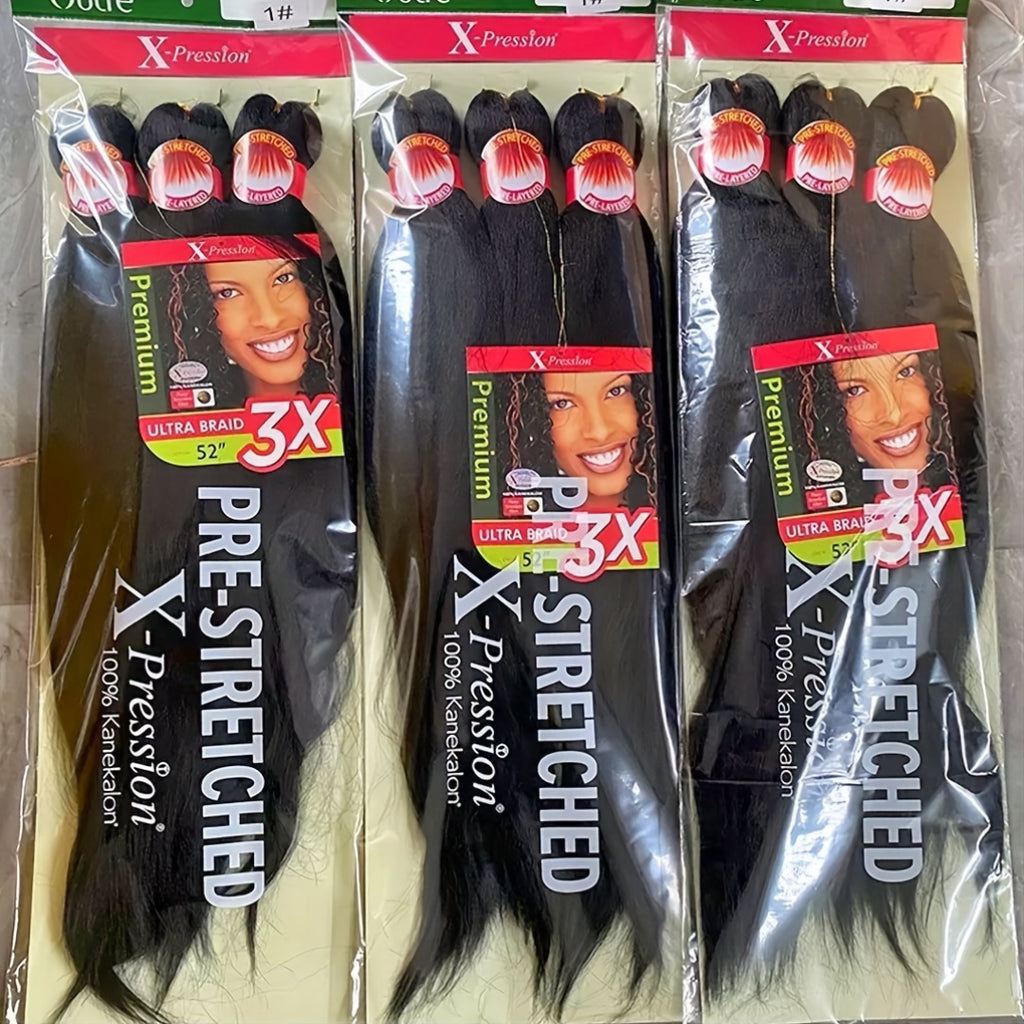3x Stretch Kanekalon Hair Extensions - 66.04 cm Pre-Stretched Braiding Hair, Natural Black, Heat Resistant, Easy to Style, Perfect for Everyday & Special Occasions, Versatile Hairpiece, Sleek Hairpiece, Heatresistant Hair