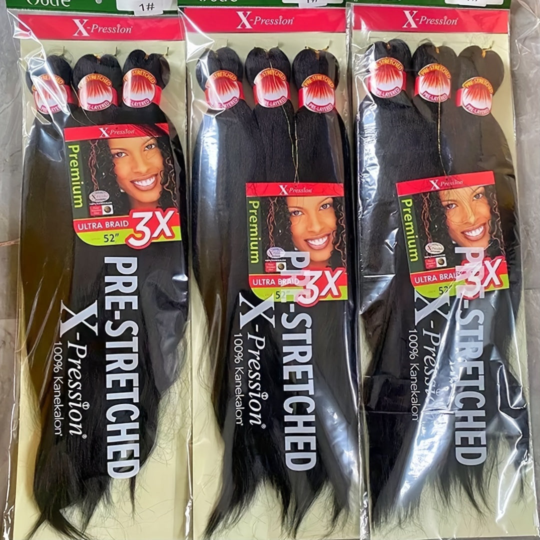 3x Stretch Kanekalon Hair Extensions - 66.04 cm Pre-Stretched Braiding Hair, Natural Black, Heat Resistant, Easy to Style, Perfect for Everyday & Special Occasions, Versatile Hairpiece, Sleek Hairpiece, Heatresistant Hair