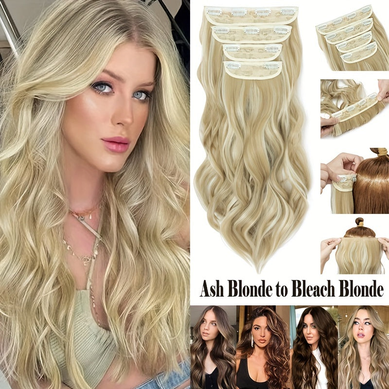 4pieces/Set Long Wavy Full Head Clip In Hair Extensions 22inch/55cm Soft Hairpieces Curly Thick Silk Fiber Double Weft Hairpiece Top Synthetic Hair Highlight Black Brown Blonde For Women Party Cosplay Christmas Halloween Dating Daily Use