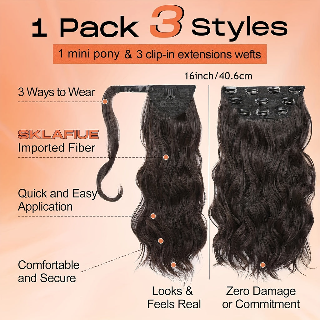 4pcs 40.64cm Half Up Half Down Ponytail Extension Set, Long Wavy Clip in Hair Extensions 3 Styles in 1 Tangle-Resistant Natural Soft Thick Fake Wrap Around Ponytail Synthetic Hairpiece