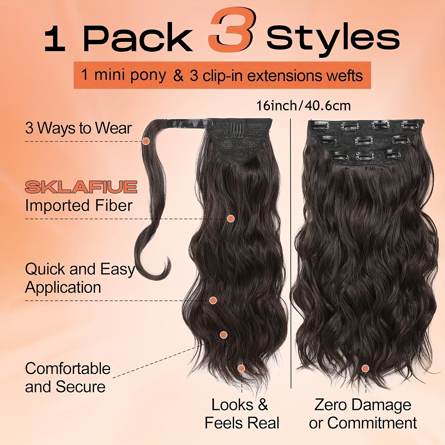 4pcs 40.64cm Half Up Half Down Ponytail Extension Set, Long Wavy Clip in Hair Extensions 3 Styles in 1 Tangle-Resistant Natural Soft Thick Fake Wrap Around Ponytail Synthetic Hairpiece