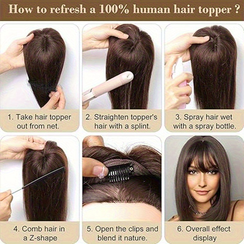 8/10 Inch Invisible Human Hair Base Toppers, 100% Human Hair Topper with Bangs, Lightweight Hair Pieces for Women with Thinning Hair, #30 Color Women'S Clip-On Hair Replacement, Straight Hair Invisible Topper 3D Hair Toppe