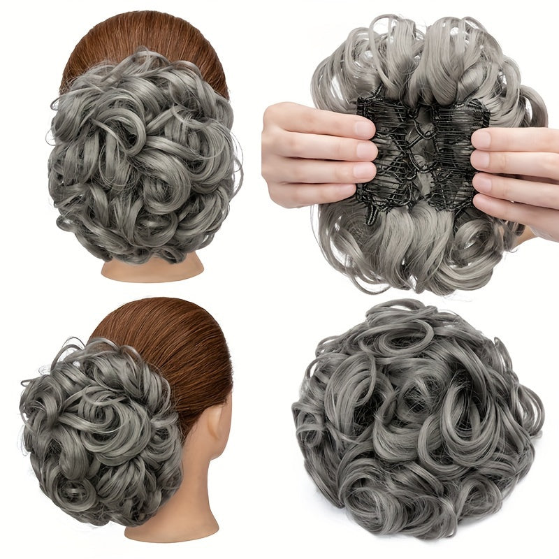 Clip-In Short Combs Messy Curly Bun Hair Extensions with Heat Styling - Easy Stretch Scrunchie Chignon Tray for Women, Multi-Color (Light Brown/Dark Blonde/Black) for Daily, Wedding & Festival Use, Wedding Hair Accessory, Easyattach Hairpiece