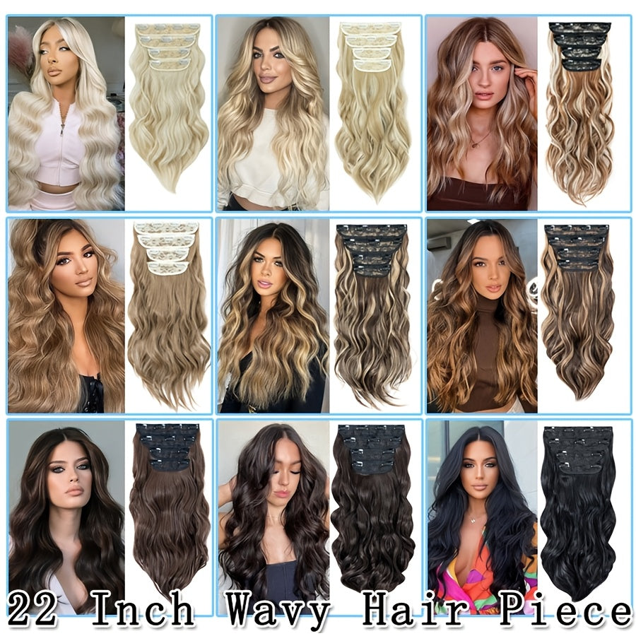 4pieces/Set Long Wavy Full Head Clip In Hair Extensions 22inch/55cm Soft Hairpieces Curly Thick Silk Fiber Double Weft Hairpiece Top Synthetic Hair Highlight Black Brown Blonde For Women Party Cosplay Christmas Halloween Dating Daily Use