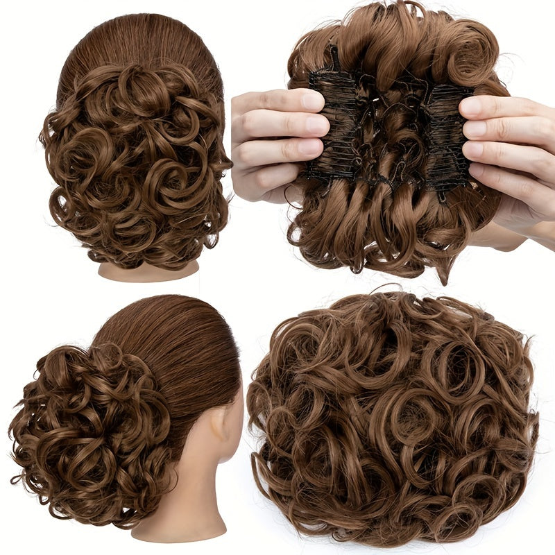 Clip-In Short Combs Messy Curly Bun Hair Extensions with Heat Styling - Easy Stretch Scrunchie Chignon Tray for Women, Multi-Color (Light Brown/Dark Blonde/Black) for Daily, Wedding & Festival Use, Wedding Hair Accessory, Easyattach Hairpiece