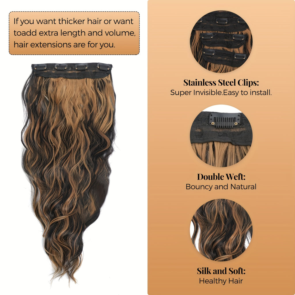 4pcs NEVERLAND Clip-In Hair Extensions 50.8 cm Long Wavy Dark Brown with Golden Highlights - Thick Heat-Resistant Synthetic Hairpieces with 2 BB Clips & Storage Bag for Women, All Ethnicities