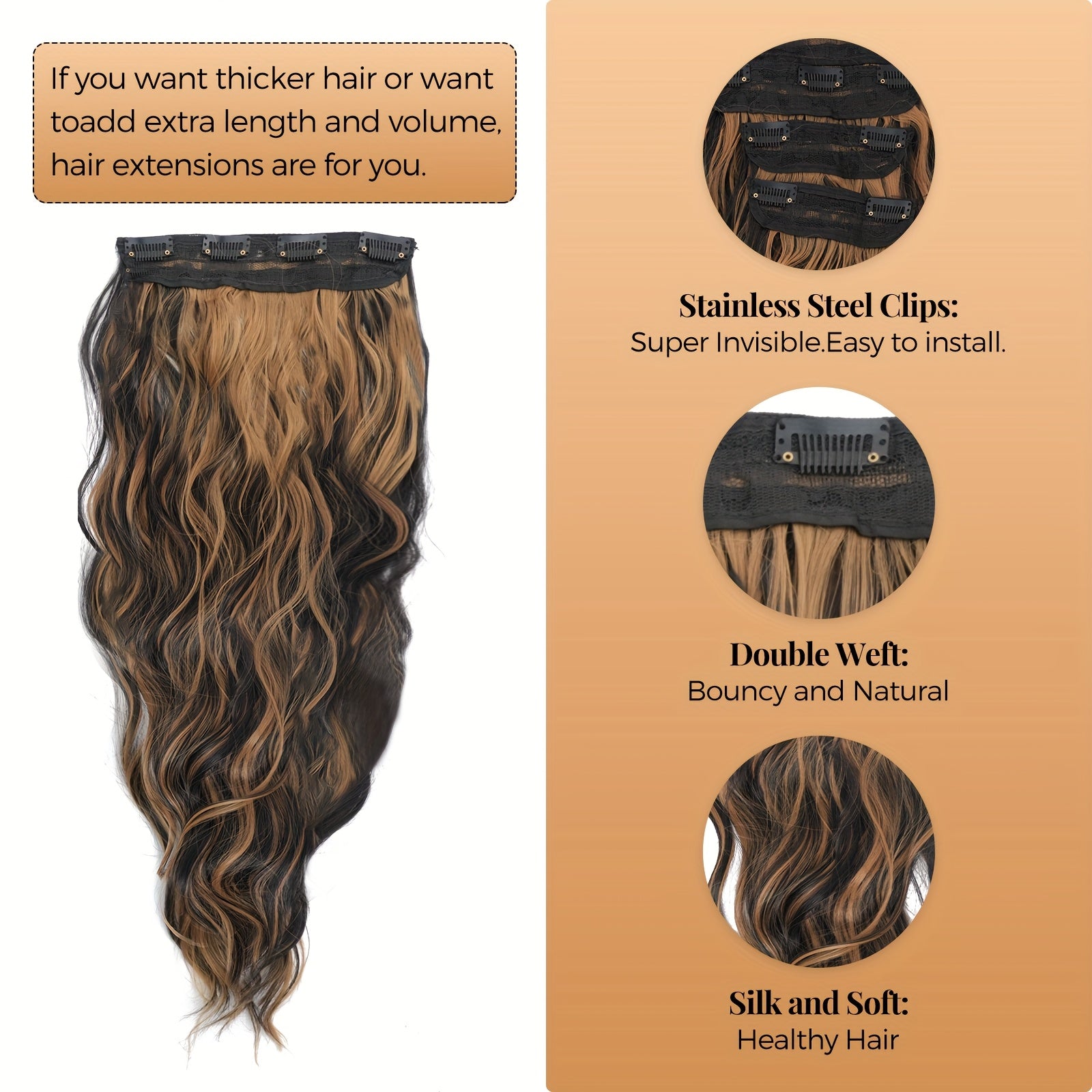 4pcs NEVERLAND Clip-In Hair Extensions 50.8 cm Long Wavy Dark Brown with Golden Highlights - Thick Heat-Resistant Synthetic Hairpieces with 2 BB Clips & Storage Bag for Women, All Ethnicities