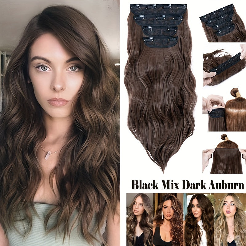 4pieces/Set Long Wavy Full Head Clip In Hair Extensions 22inch/55cm Soft Hairpieces Curly Thick Silk Fiber Double Weft Hairpiece Top Synthetic Hair Highlight Black Brown Blonde For Women Party Cosplay Christmas Halloween Dating Daily Use