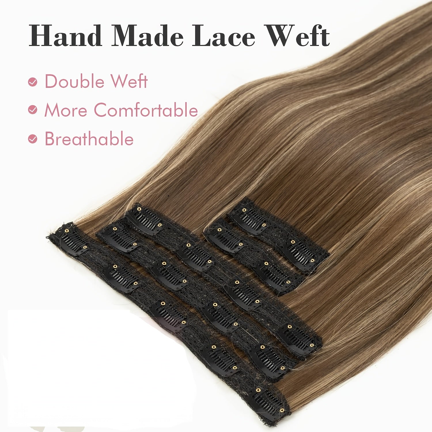 Clip in Hair Extensions, Hair Extensions Thick Long Lace Weft Lightweight Synthetic Hairpieces for Women (60.96 cm-240 Gram(Pack of 5), Chocolate Brown with Golden Blonde Highlights)