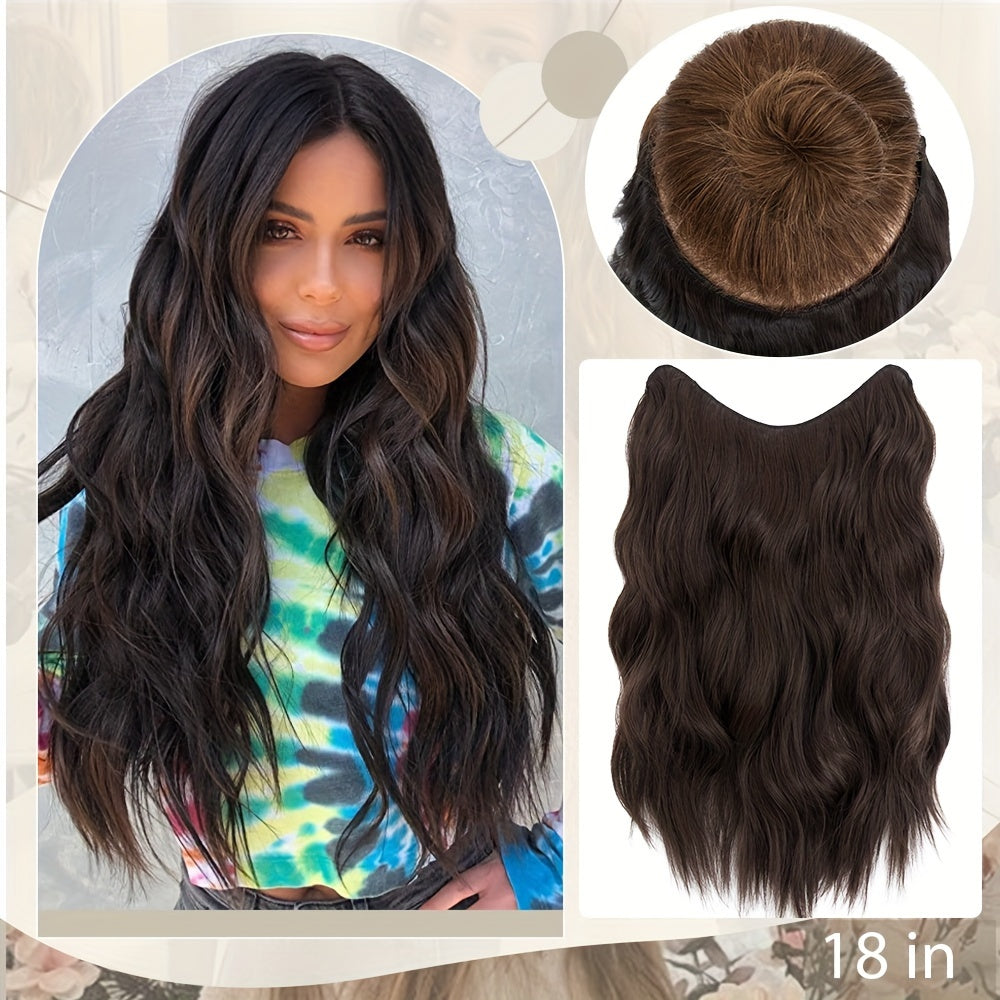 18in One Piece V-Shaped Long Wavy Clip In Hair Extensions Brown Blonde Highlight With 5 Clips For Women Daily Use