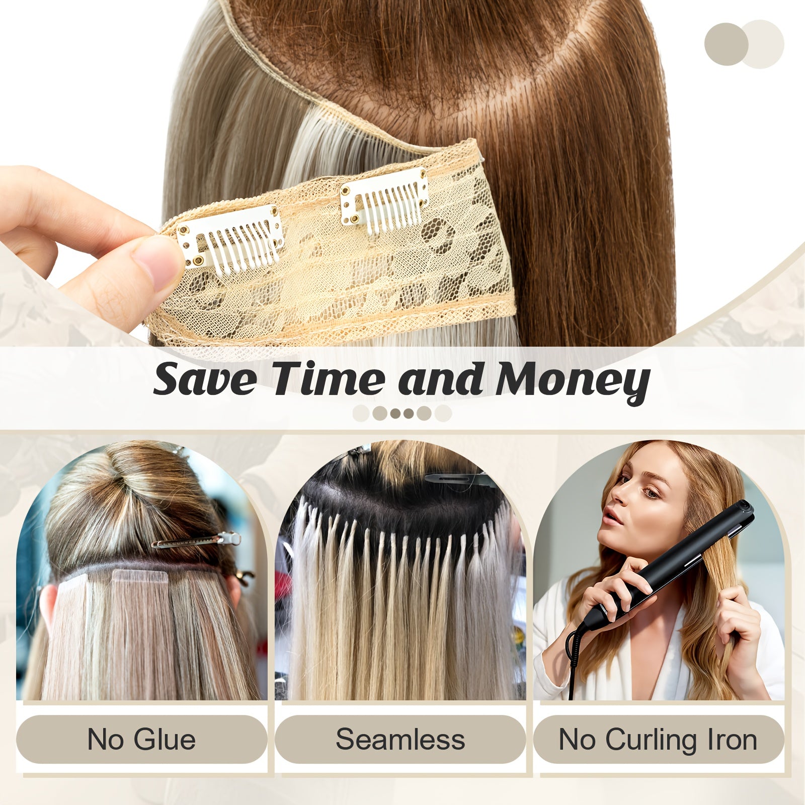 18in One Piece V-Shaped Long Wavy Clip In Hair Extensions Brown Blonde Highlight With 5 Clips For Women Daily Use
