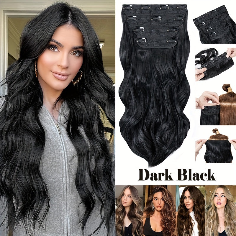 4pieces/Set Long Wavy Full Head Clip In Hair Extensions 22inch/55cm Soft Hairpieces Curly Thick Silk Fiber Double Weft Hairpiece Top Synthetic Hair Highlight Black Brown Blonde For Women Party Cosplay Christmas Halloween Dating Daily Use