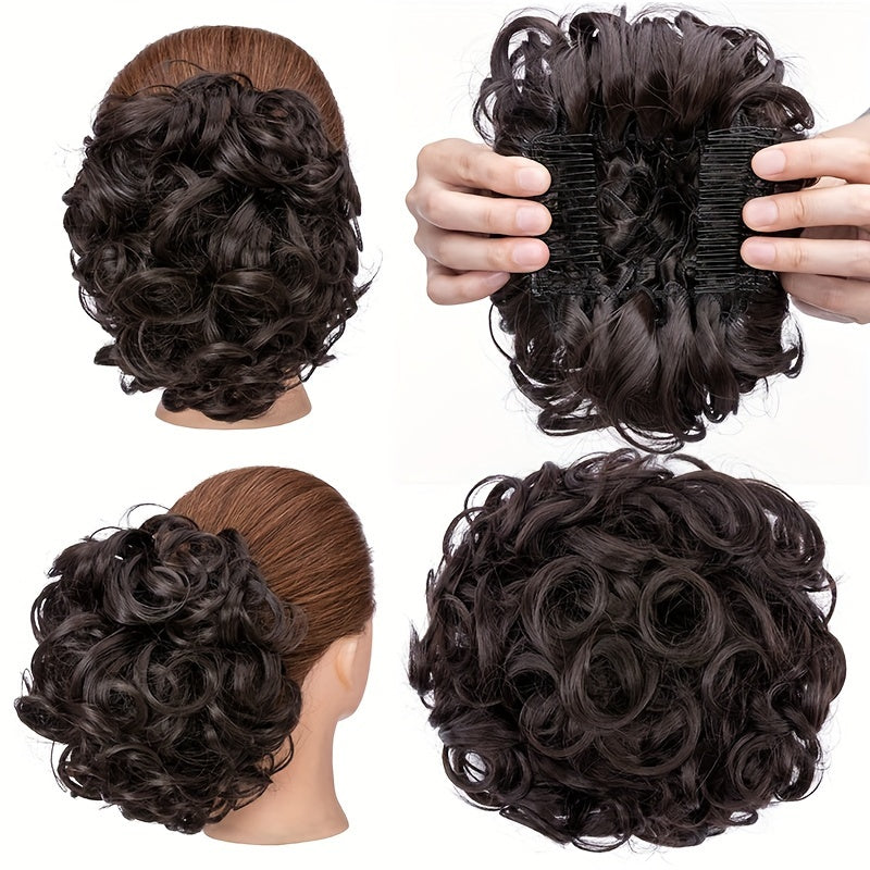 Clip-In Short Combs Messy Curly Bun Hair Extensions with Heat Styling - Easy Stretch Scrunchie Chignon Tray for Women, Multi-Color (Light Brown/Dark Blonde/Black) for Daily, Wedding & Festival Use, Wedding Hair Accessory, Easyattach Hairpiece