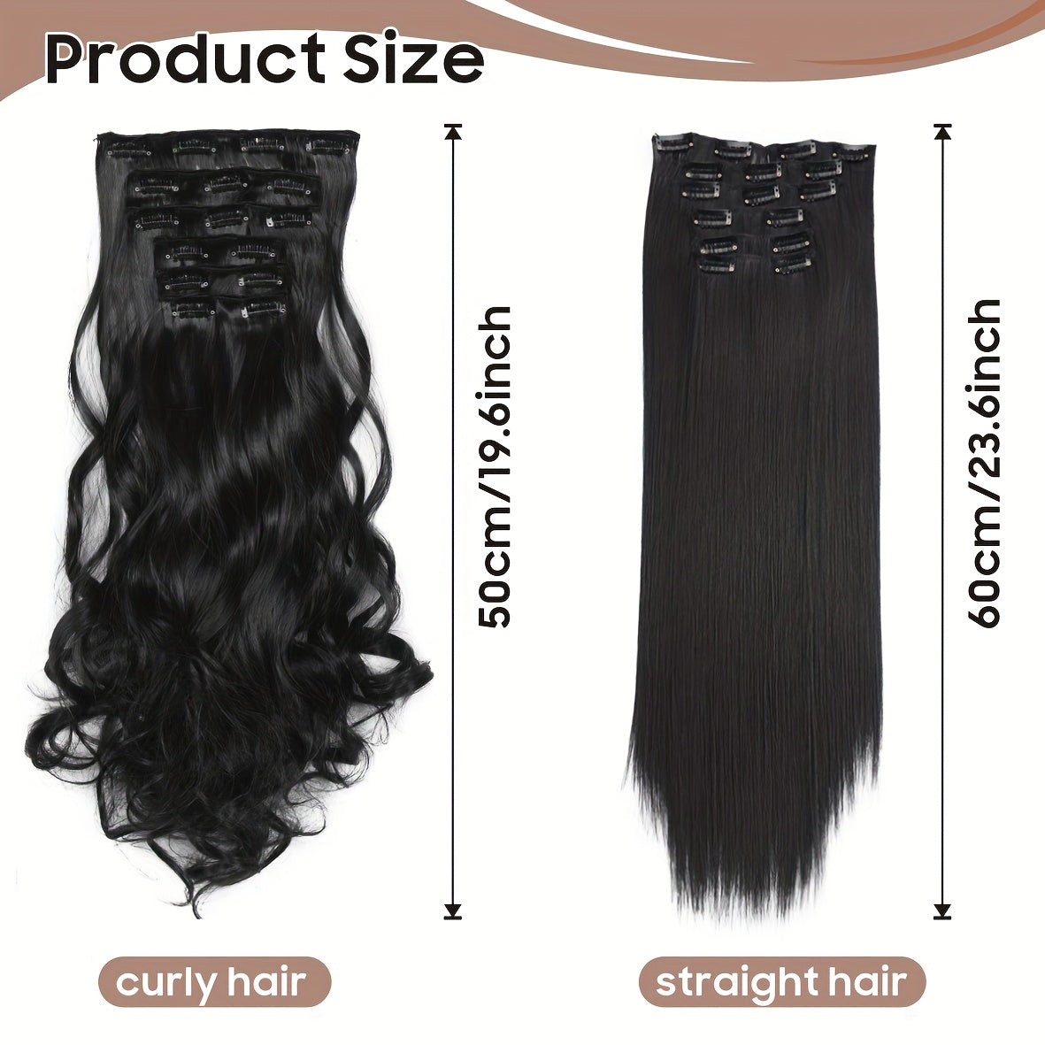 6pcs Full Head Clip-In Hair Extensions 50.8cm Long Thick Curly Wave Synthetic Hair - Dark Black/Natural Black/Dark Brown, Heat Styling Safe, Unisex for Men & Women, All Ethnicities, Length Extension, Voluminous Curls, Highquality Fibers, Beauty Lovers