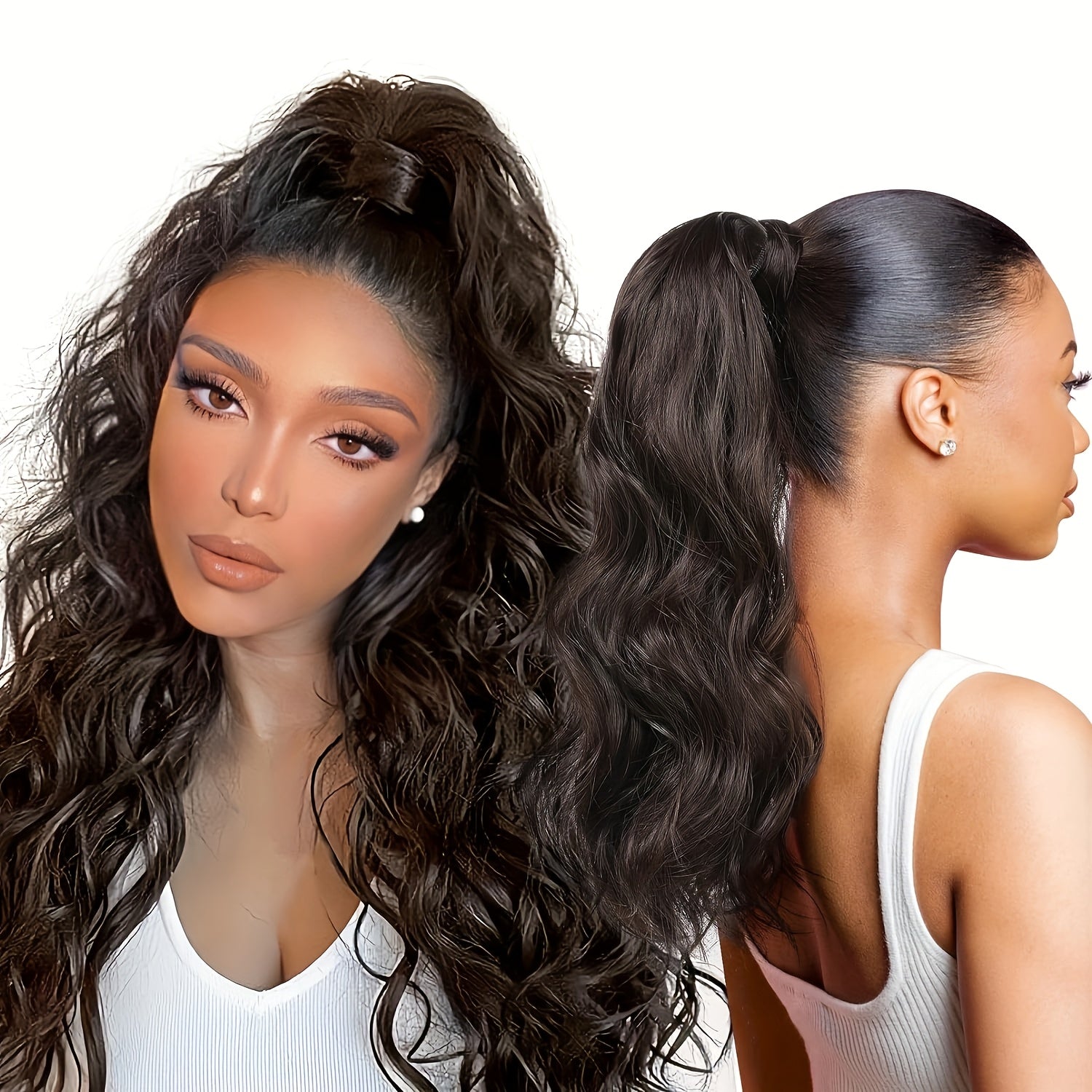 4pcs 40.64cm Half Up Half Down Ponytail Extension Set, Long Wavy Clip in Hair Extensions 3 Styles in 1 Tangle-Resistant Natural Soft Thick Fake Wrap Around Ponytail Synthetic Hairpiece