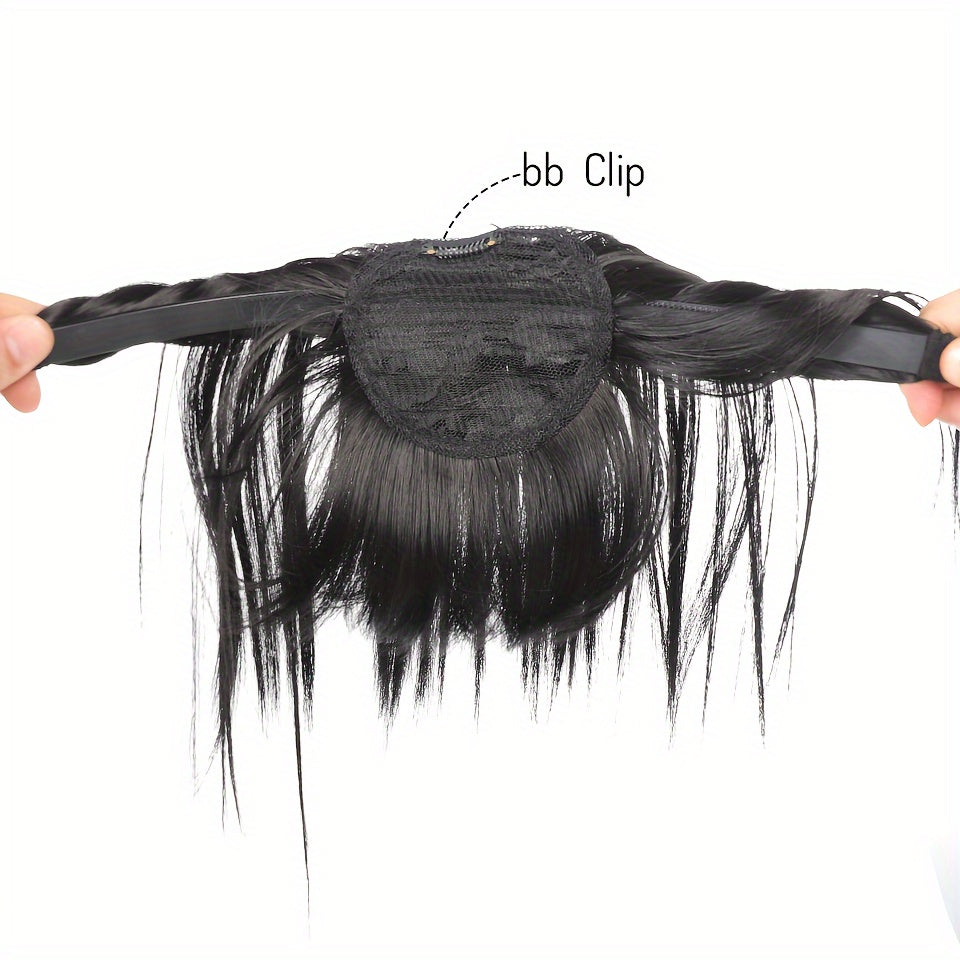 Women's Synthetic Straight Hair Topper with Clip-In Bangs and Overhead Braids - Natural Looking Fake Fringe Hair Extension Hairpiece for All Women Styles