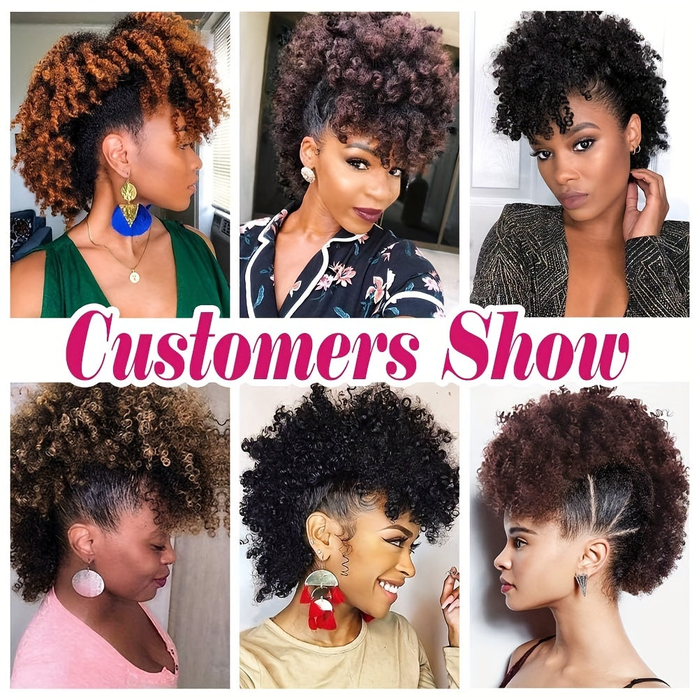Afro High Puff Hair Bun Ponytail Drawstring With Bangs Synthetic Jerry Curly Mohawk Kinky Curly Fauxhawks Pony Tail Clip In On Ponytails For Women Hair Extensions With Six Clips