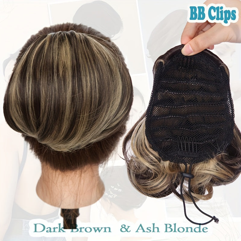 Short Ponytail Extension Clip On Pony Tails Hair Extensions For Women Girls Synthetic Highlight Soft Fully Natural Straight Bun Hair Piece Fake Ponytails Hepburn Hairpiece Long Fluffy Chignon Elegant Daily Halloween Use