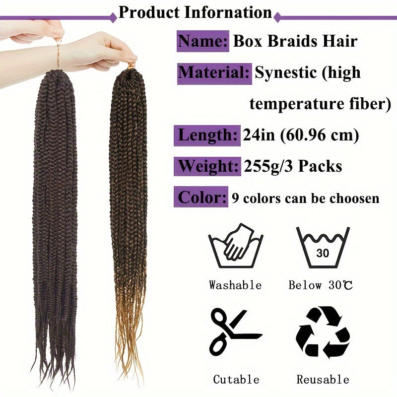 3pcs Premium Synthetic Crochet Box Braids, 60.96 cm Pre-Looped for Easy Installation - Knotless Box Braided Hair Extensions in Black, Brown, and Blue Gradient for Women, Easy Install Braids|Gradient Box Braids|Natural Look Braids, Crochet Braids