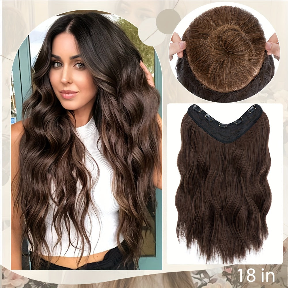 18in One Piece V-Shaped Long Wavy Clip In Hair Extensions Brown Blonde Highlight With 5 Clips For Women Daily Use