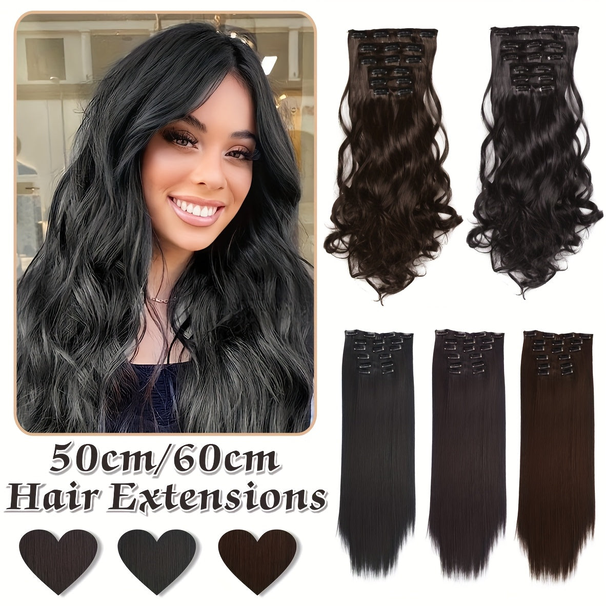 6pcs Full Head Clip-In Hair Extensions 50.8cm Long Thick Curly Wave Synthetic Hair - Dark Black/Natural Black/Dark Brown, Heat Styling Safe, Unisex for Men & Women, All Ethnicities, Length Extension, Voluminous Curls, Highquality Fibers, Beauty Lovers