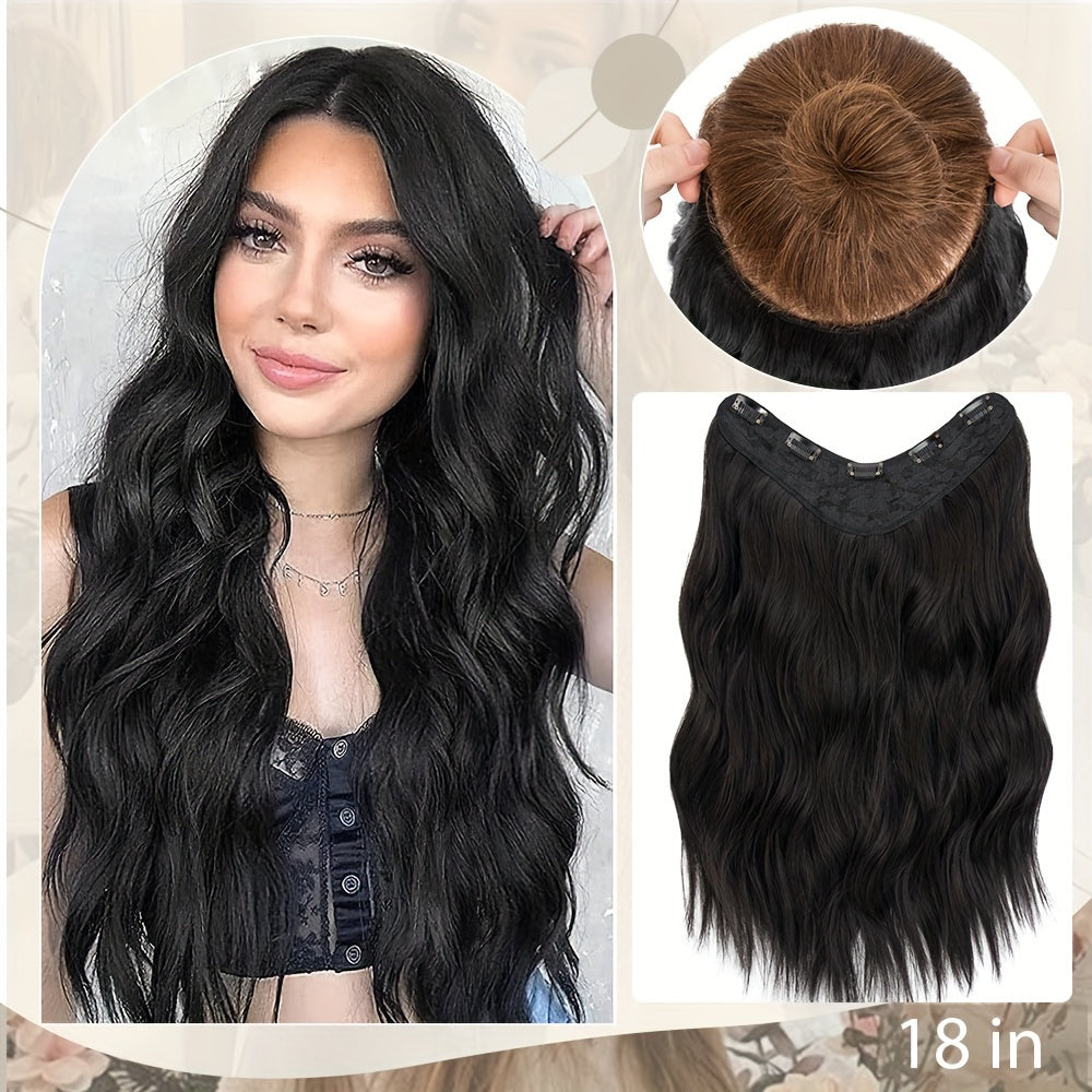18in One Piece V-Shaped Long Wavy Clip In Hair Extensions Brown Blonde Highlight With 5 Clips For Women Daily Use