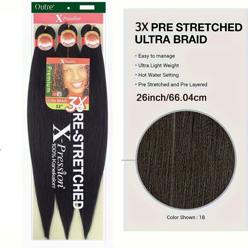 3x Stretch Kanekalon Hair Extensions - 66.04 cm Pre-Stretched Braiding Hair, Natural Black, Heat Resistant, Easy to Style, Perfect for Everyday & Special Occasions, Versatile Hairpiece, Sleek Hairpiece, Heatresistant Hair
