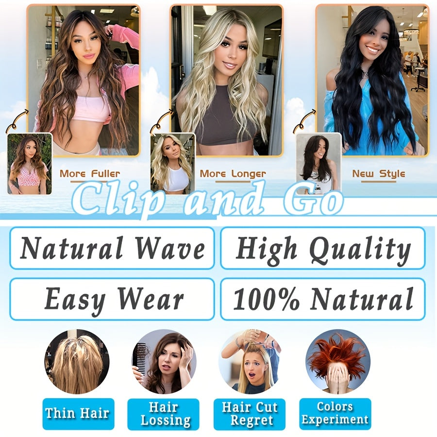 4pieces/Set Long Wavy Full Head Clip In Hair Extensions 22inch/55cm Soft Hairpieces Curly Thick Silk Fiber Double Weft Hairpiece Top Synthetic Hair Highlight Black Brown Blonde For Women Party Cosplay Christmas Halloween Dating Daily Use