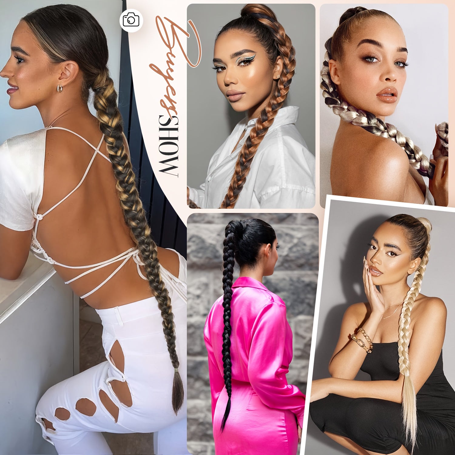 34-Inch Long Black Hair Extensions - Drawstring Ponytail with Braided Detail, High-Temperature Fiber, Perfect for Women & Girls, Stylish Hair Addition|Sleek Ponytail|Highquality Hair Extensions, Hair Accessories