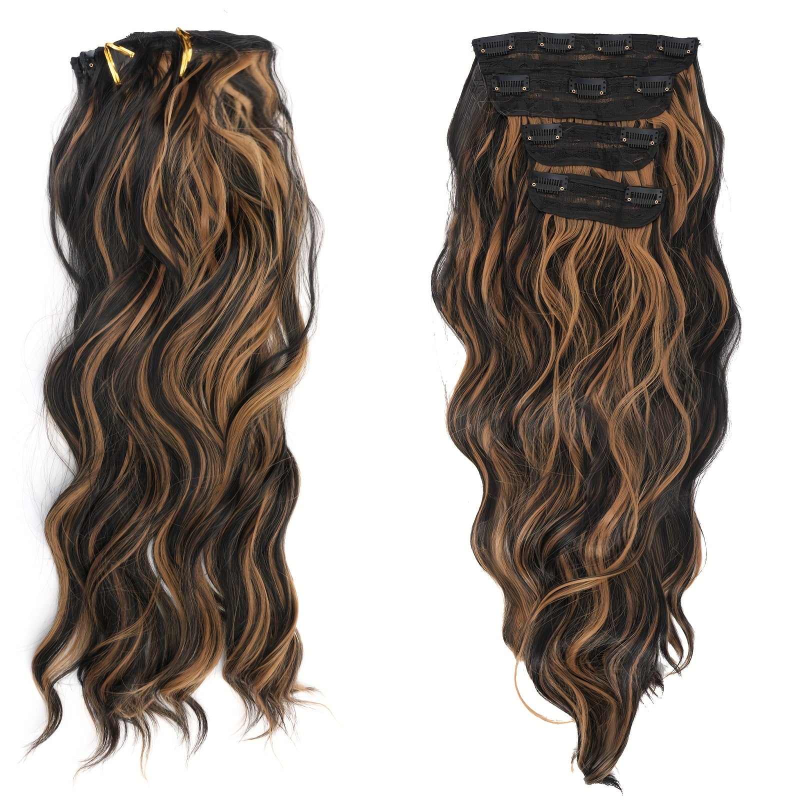 4pcs NEVERLAND Clip-In Hair Extensions 50.8 cm Long Wavy Dark Brown with Golden Highlights - Thick Heat-Resistant Synthetic Hairpieces with 2 BB Clips & Storage Bag for Women, All Ethnicities