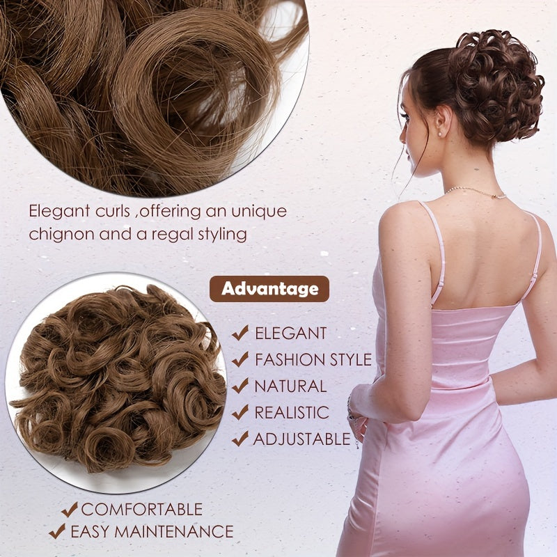 Clip-In Short Combs Messy Curly Bun Hair Extensions with Heat Styling - Easy Stretch Scrunchie Chignon Tray for Women, Multi-Color (Light Brown/Dark Blonde/Black) for Daily, Wedding & Festival Use, Wedding Hair Accessory, Easyattach Hairpiece