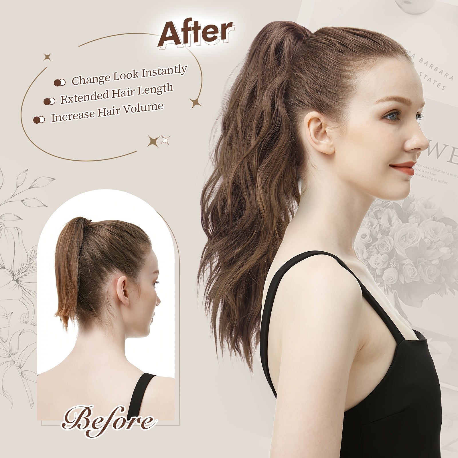 FESHFEN Ponytail Extensions, Long Claw Clip In Ponytail Hairpiece Synthetic Pony Tails Hair Piece Ponytail With Claw Clip Natural Wavy Hairpieces For Women, 50.8 cm